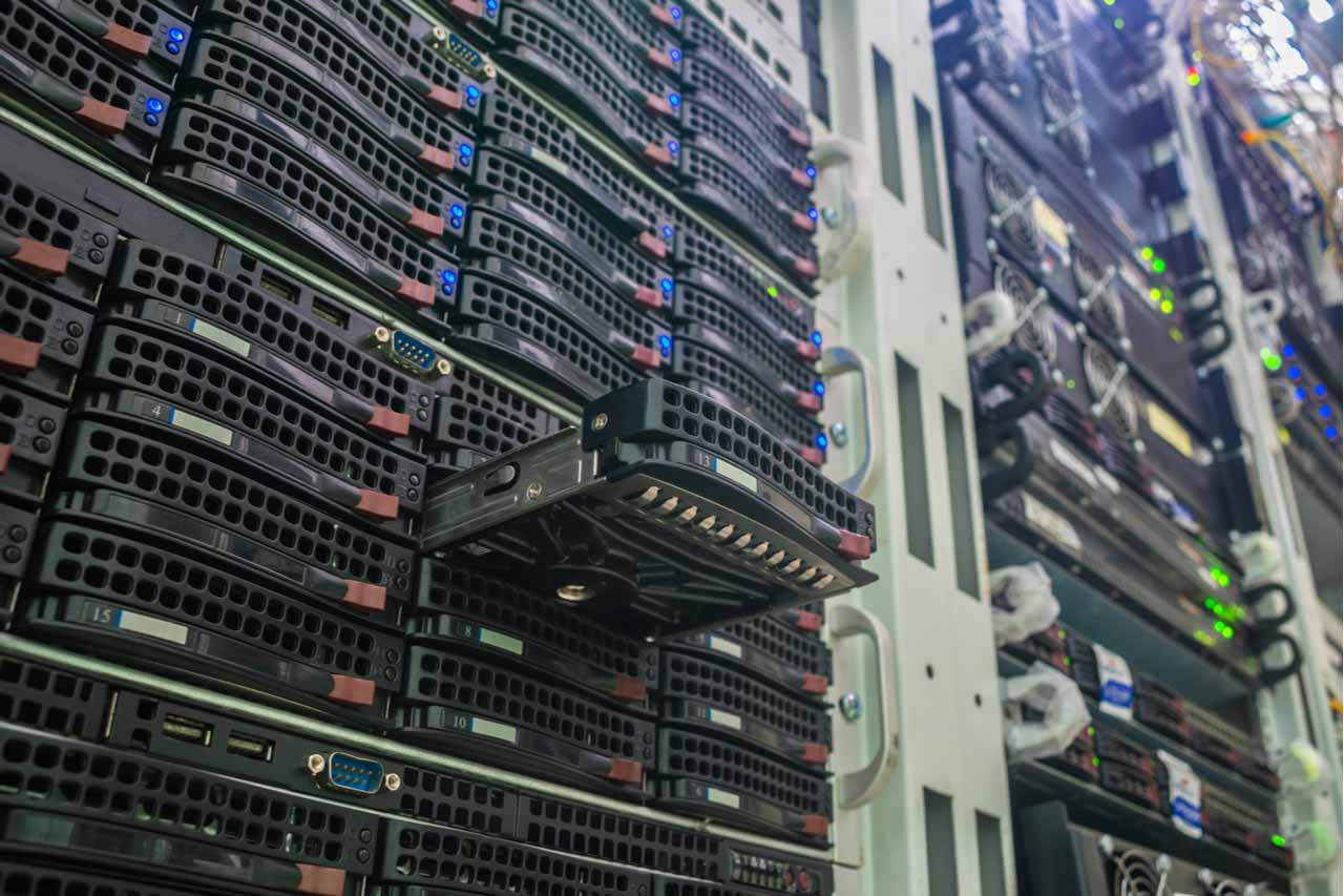 Hard drive closeup in a server rack.