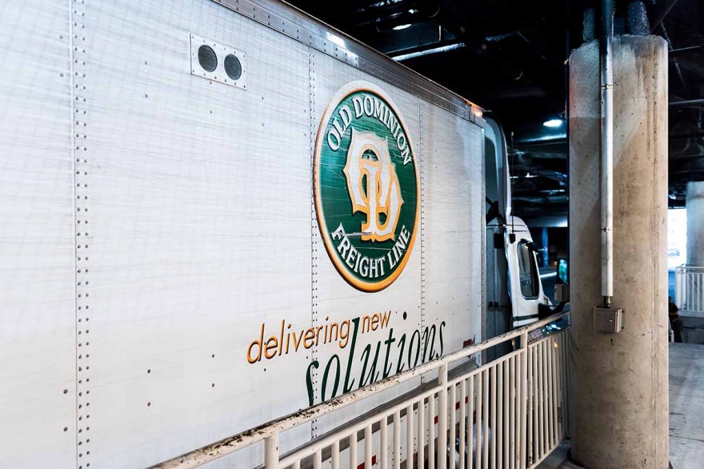 Old Dominion Freight Line truck parked in a garage.