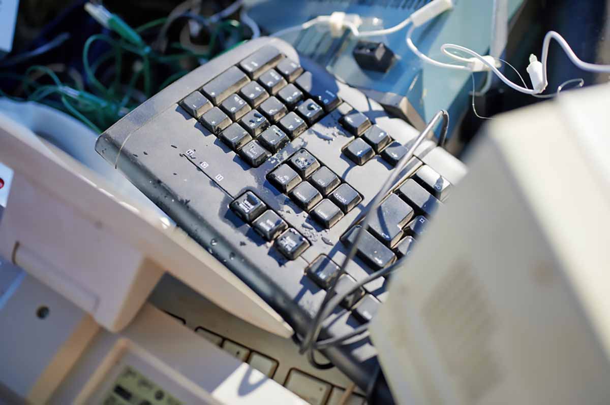 Closeup of collected e-scrap for recycling.